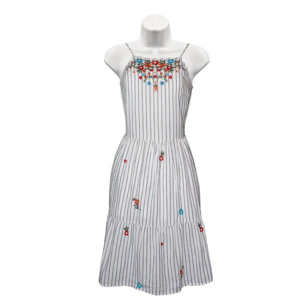 Primark Off White Cotton Embroidered Cottagecore Romantic Striped Sundress  Sz 4
